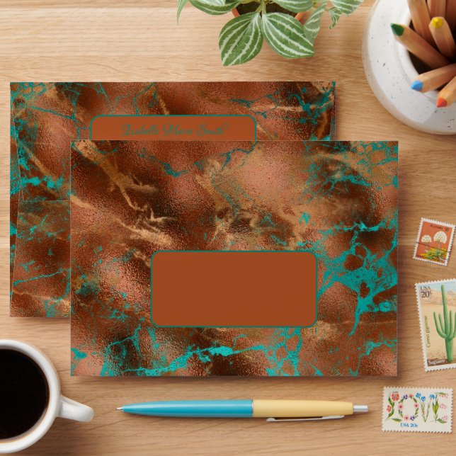 Trendy Faux Copper & Teal Metallic Foil Invitation Envelope (Desk)