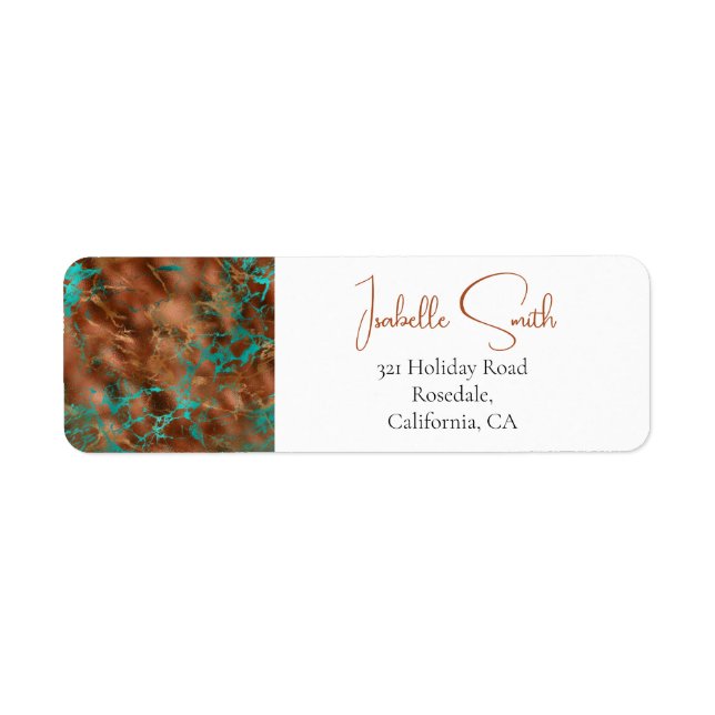 Trendy Faux Copper & Teal Metallic Foil Wedding Label (Front)
