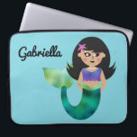 Trendy Faux Foil Latino Mermaid Personalized Kids Laptop Sleeve<br><div class="desc">Trendy Faux Foil Latino Mermaid Personalized Kids Laptop Case. Pretty blue background like the ocean. Adorable little mermaid with faux foil green tail, purple tank top and purple and pink starfish in her dark black hair. Personalize with name in pretty script. Edit to change font choices. Coordinating mermaid, merman, and...</div>