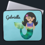 Trendy Faux Foil Latino Mermaid Personalized Kids Laptop Sleeve<br><div class="desc">Trendy Faux Foil Latino Mermaid Personalized Kids Laptop Case. Pretty blue background like the ocean. Adorable little mermaid with faux foil green tail, purple tank top and purple and pink starfish in her dark black hair. Personalize with name in pretty script. Edit to change font choices. Coordinating mermaid, merman, and...</div>