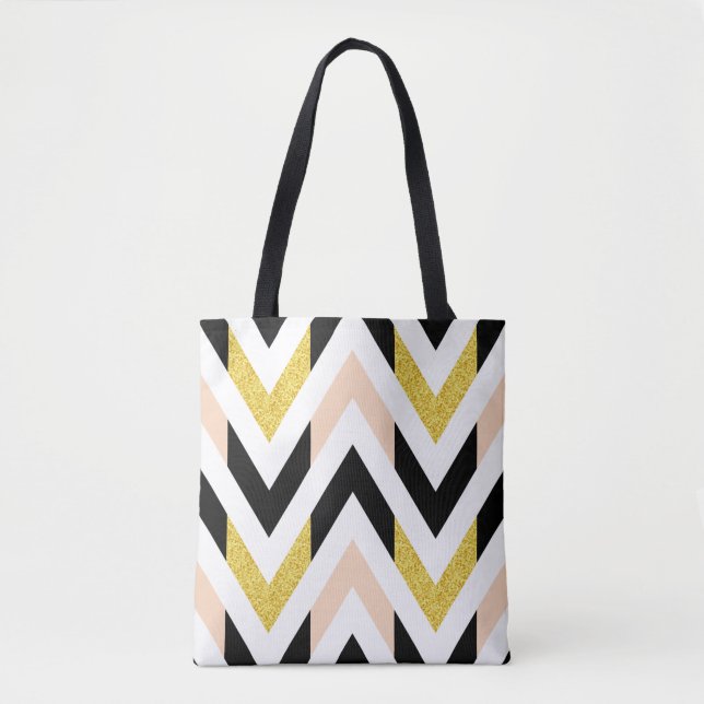 Trendy Faux Glitter Gold, Black, White Chevron Tote Bag (Front)