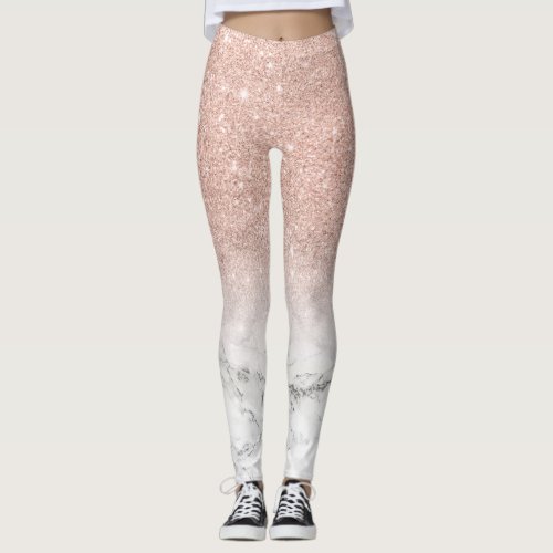 Trendy faux glitter rose gold brushstrokes marble leggings