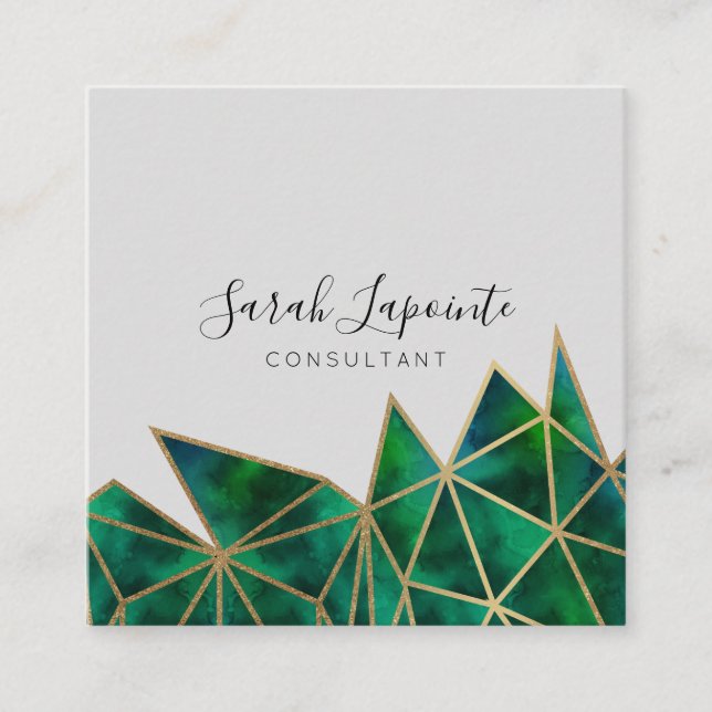 Trendy Faux Gold & Emerald Green Geometric Design Square Business Card (Front)