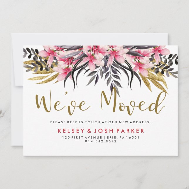 Trendy Faux Gold Glitter and Flowers New Address Announcement (Front)