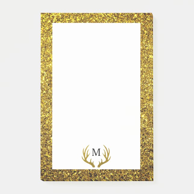 Trendy Faux Gold Glitter Deer Antlers | Monogram Post-it Notes (Front)