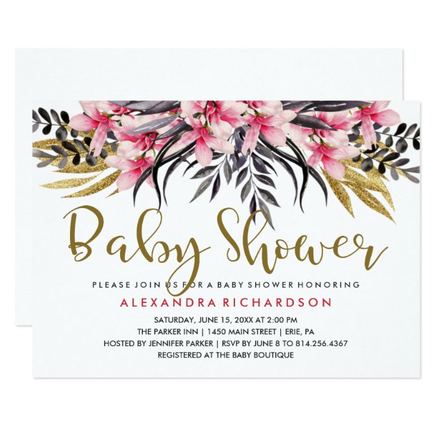 Trendy Faux Gold Glitter Floral Baby Shower Invitation