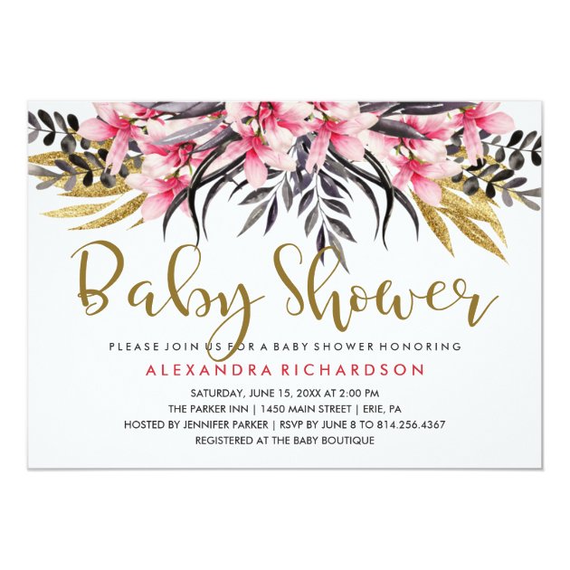 Trendy Faux Gold Glitter Floral Baby Shower Invitation
