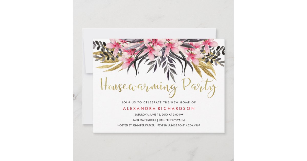 Trendy Faux Gold Glitter Floral Housewarming Party Invitation | Zazzle