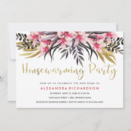 Trendy Faux Gold Glitter Floral Housewarming Party Invitation
