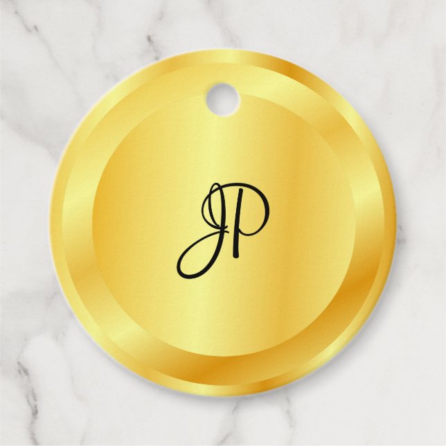 Trendy Faux Gold Metallic Look Monogram Elegant Favor Tags (Front)