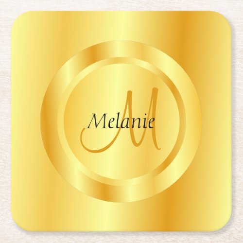 Trendy Faux Gold Modern Monogram Elegant Template Square Paper Coaster