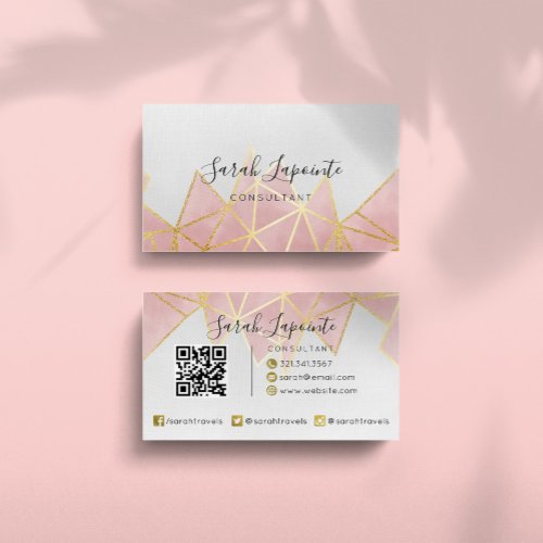 Trendy Faux Gold  Rose Pink Geometric QR code Business Card