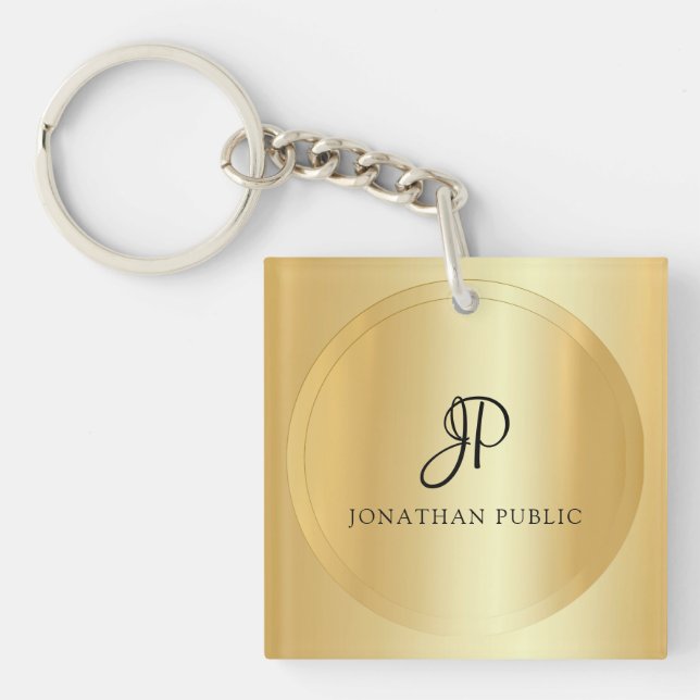 Trendy Faux Gold Template Monogram Add Your Name Keychain (Front)