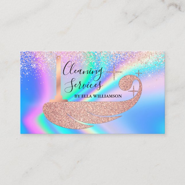 Trendy Faux Holographic Glitter Cleaner Service Business Card (Front)