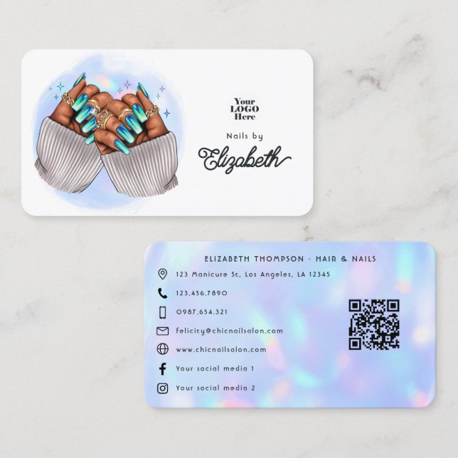 Trendy Faux Holographic Nail Salon Branding Business Card (Front/Back)