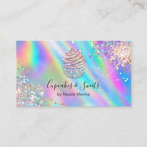 Trendy Faux Holographic Rainbow Glitter Cupcake Business Card