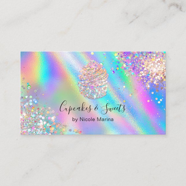 Trendy Faux Holographic Rainbow Glitter Cupcake Business Card (Front)