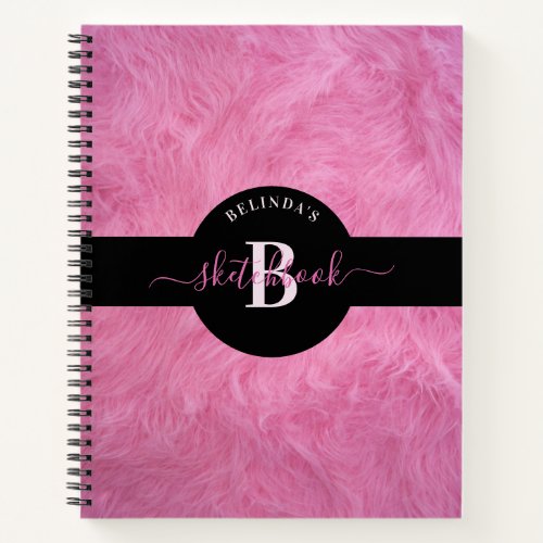 Trendy Faux Pink Fur Girly Monogram Sketchbook Notebook