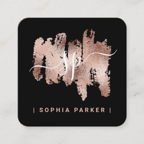 Trendy Faux Rose Gold on Black  Monogram Square Business Card