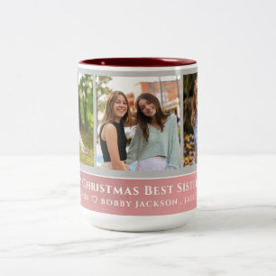 Trendy Faux Rose Gold Script Best Sisters Photo Two-Tone Coffee Mug
