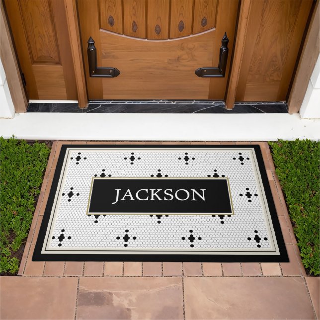 Trendy Faux Tile Black & White Thick Border Doormat (Outdoor)