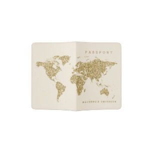 Trendy Feminine Gold on Cream World Map Passport Holder