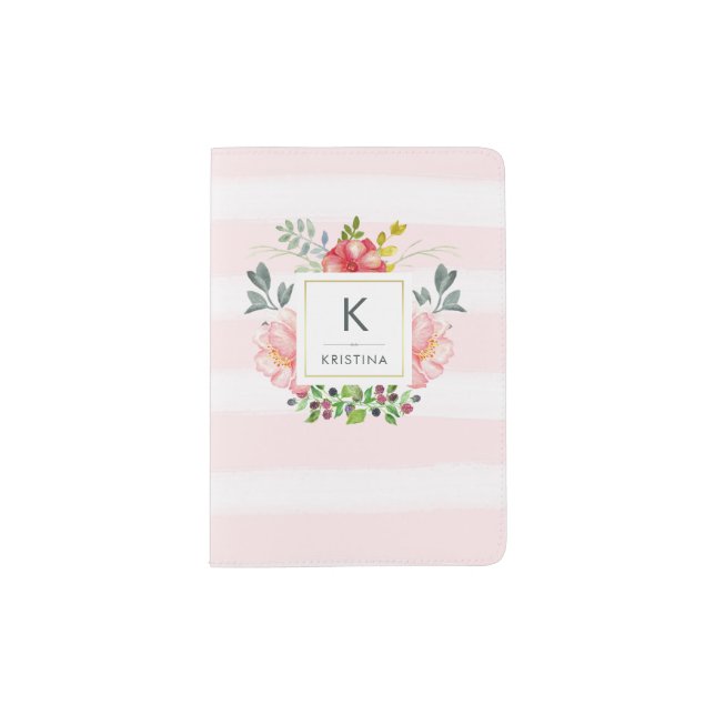 Trendy Feminine Watercolor Peony Flowers Monogram Passport Holder (Front)