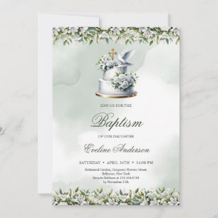 Trendy festive cake gold cross dove Baptism Invitation