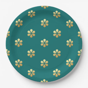 Trendy Festive Christmas Teal & Gold Daisy Paper Plates