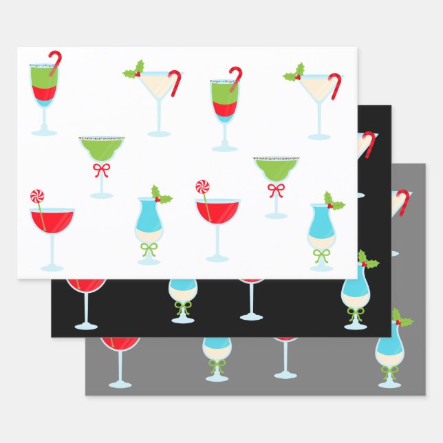 Trendy Festive Holiday Cocktail Party Christmas Wrapping Paper Sheets (Set)