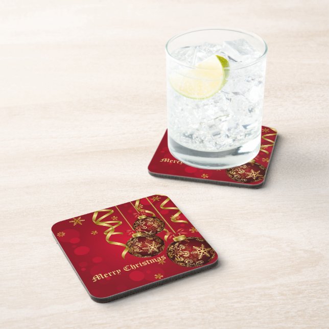 Trendy Festive Red & Golden Christmas Ornaments Coaster (Right Side)