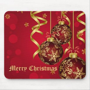 Trendy Festive Red & Golden Christmas Ornaments Mouse Pad