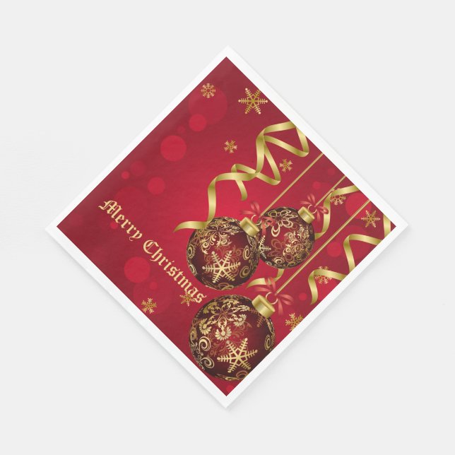 Trendy Festive Red & Golden Christmas Ornaments Paper Napkins (Corner)