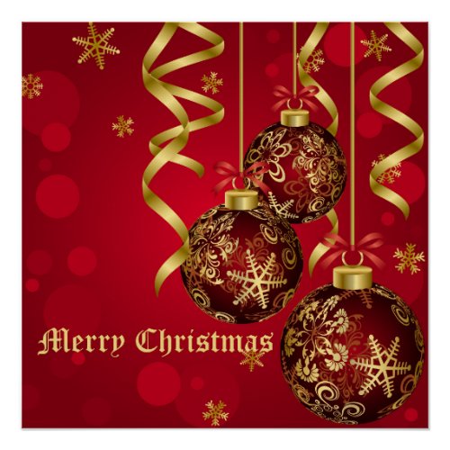 Trendy Festive Red  Golden Christmas Ornaments Poster