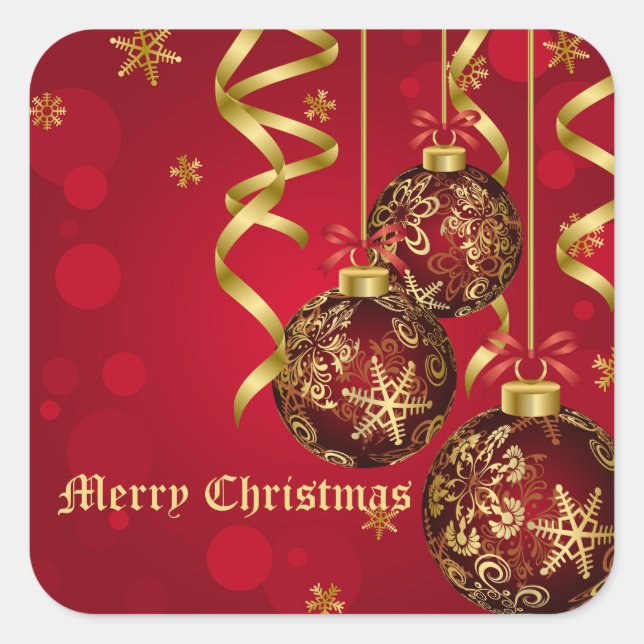 Trendy Festive Red & Golden Christmas Ornaments Square Sticker (Front)