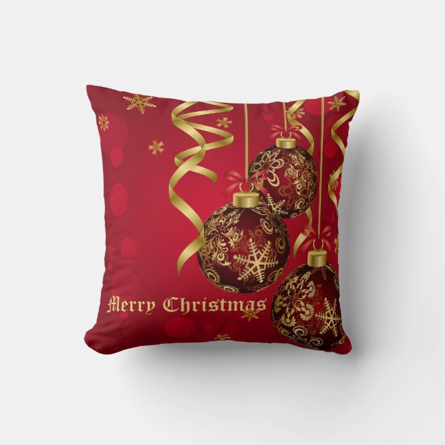 Trendy Festive Red & Golden Christmas Ornaments Throw Pillow (Front)