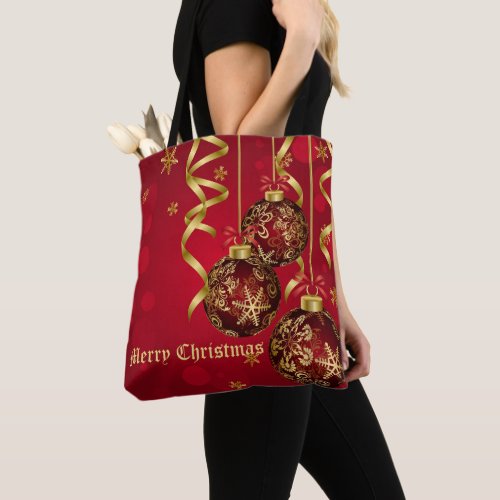 Trendy Festive Red  Golden Christmas Ornaments Tote Bag
