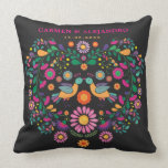 Trendy Fiesta Mexican Flower Pattern Wedding Gift Throw Pillow<br><div class="desc">This beautiful cushion features whimsical & intricate Mexican floral pattern in hot pink, purple, orange, green, yellow and turquoise. Personalize the cushion with the names of the bride and groom and also the wedding date. The background color of the cushion is set to dark charcoal, but feel free to choose...</div>