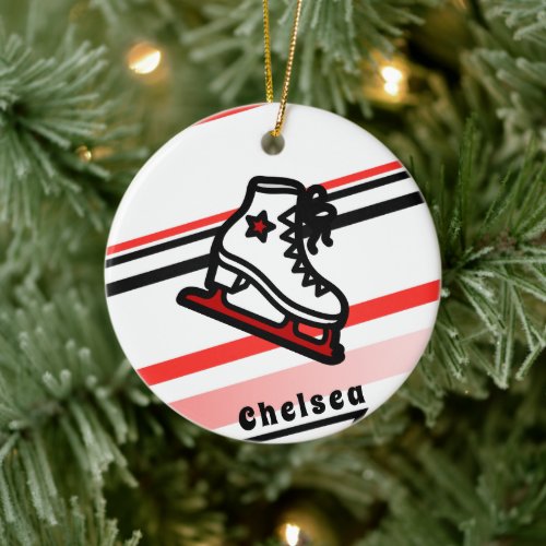 Trendy Figure Skating Girl Skates Personalized Red Ceramic Ornament