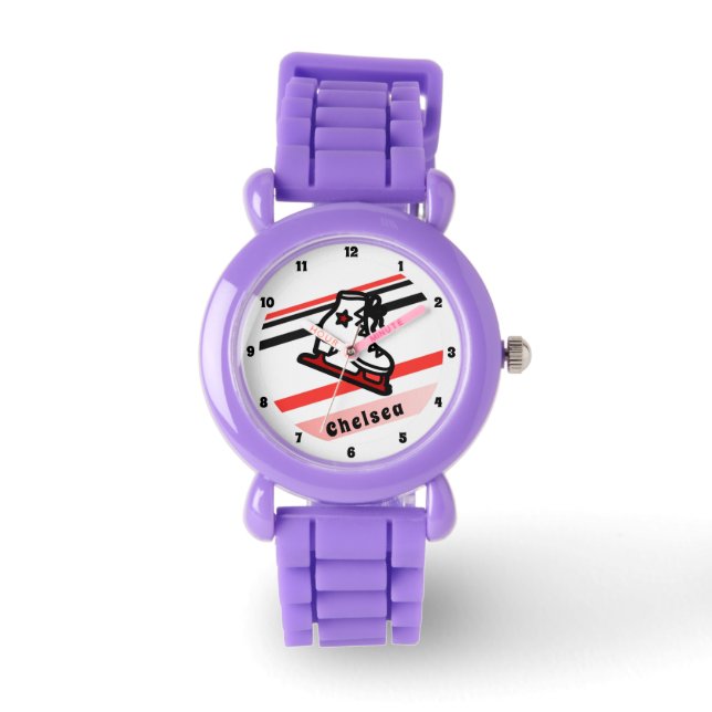 Trendy Figure Skating Girl Skates Personalized Red Watch (Front)