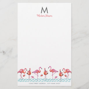 Trendy Flamingo Pink & Blue birds monogram drawing Stationery