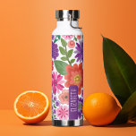 Trendy Flat Art Floral Pattern with name block Water Bottle<br><div class="desc">A bold, floral design with colorful shades of purples and pinks with a fun color block to add your name or any text. The crazy flower pattern has a variety of colors. You can add a name, monogram or other custom text. If you need to move the art around, click...</div>