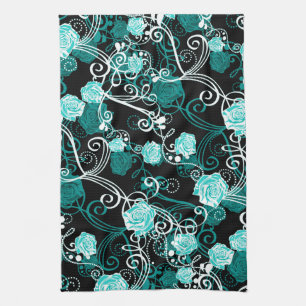 Trendy Floral Black Turquoise & White Roses Kitchen Towel