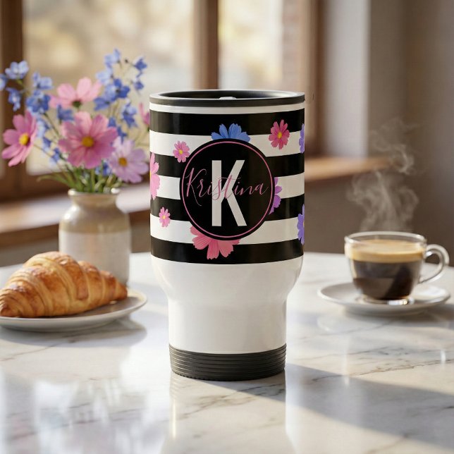 Trendy Floral Black White Stripes Modern Monogram Travel Mug (Creator Uploaded)