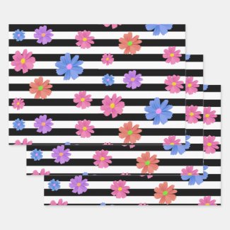 Trendy Floral Black & White Stripes Pattern Wrapping Paper Sheets