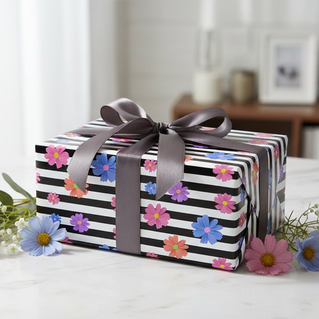 Trendy Floral Black & White Stripes Pattern Wrapping Paper Sheets (Creator Uploaded)