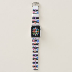 Trendy Floral Black & White Stripes Patterned Apple Watch Band