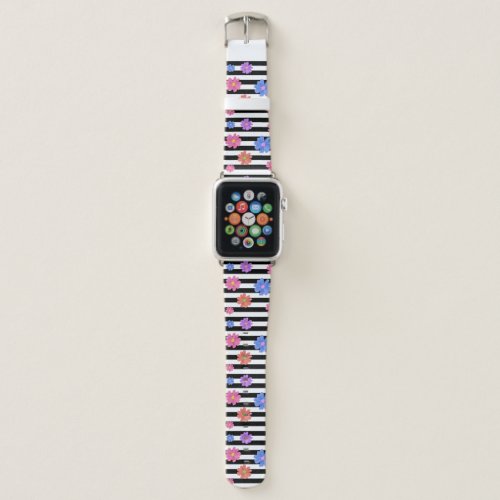 Trendy Floral Black  White Stripes Patterned Apple Watch Band