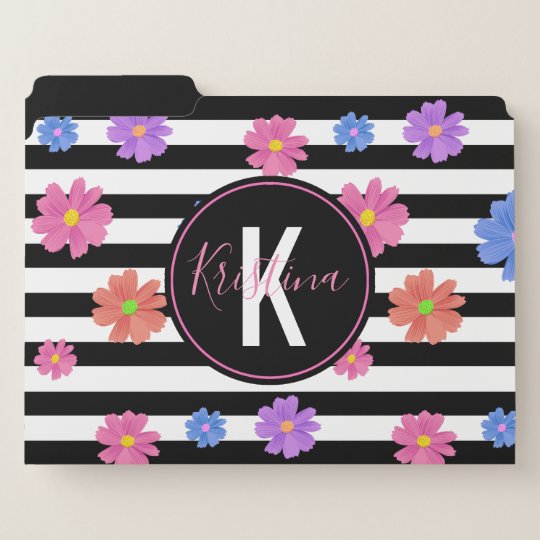 Trendy Floral Black White Stripes Personalized File Folder