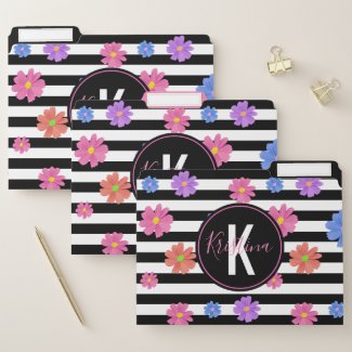 Trendy Floral Black & White Stripes Personalized File Folder